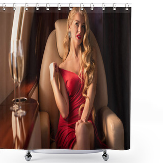 Personality  Passionate Glamorous Woman With Champagne Sitting In Plane Shower Curtains