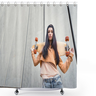 Personality  Low Angle View Of Brunette Woman In Casual Wear Standing Near Concentrate Wall, Holding Skateboard Behind Back, Looking At Camera Shower Curtains