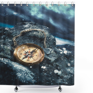 Personality  Compass On Rocks With A Dark Sky Shower Curtains