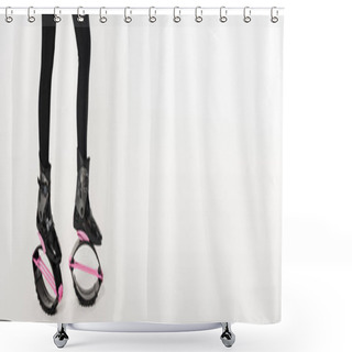 Personality  Fun Workout, Cropped Shot Of Woman In Kangoo Jumping Shoes On White, Balance And Bounce, Banner  Shower Curtains