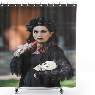 Personality  Surprised Woman In Black Halloween Costume And Wreath Holding Spooky Skull And Toy Hand Shower Curtains