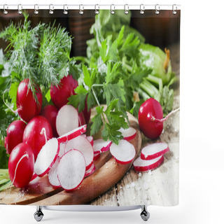 Personality  Slices Of Fresh Radishes On A Dark Wooden Background Shower Curtains