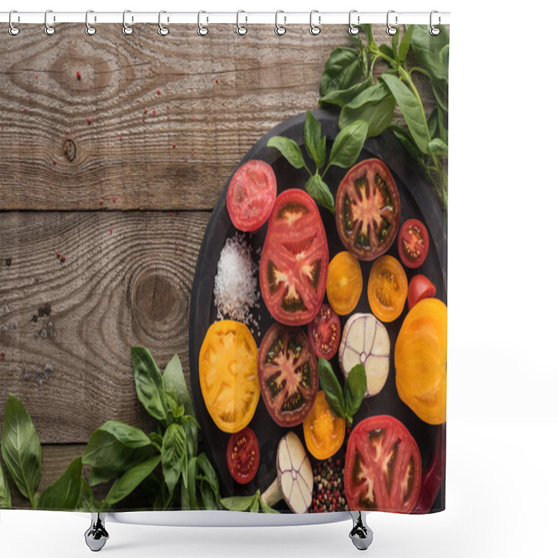 Personality  Top View Of Tomatoes, Garlic, Chilli Pepper, Salt And Pepper On Pizza Pan Near Spinach On Wooden Table  Shower Curtains