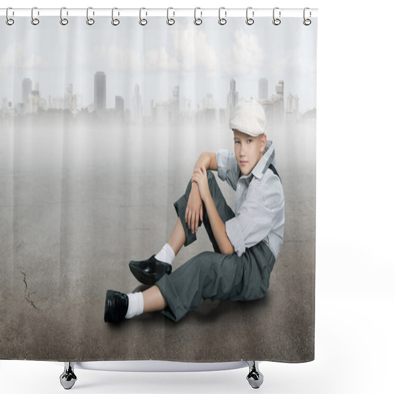 Personality  Old Fashioned Boy Sitting On A Ground Near City Shower Curtains