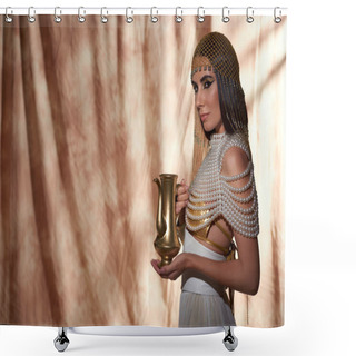 Personality  Stylish Woman In Egyptian Attire And Pearl Top Holding Golden Jug On Abstract Background Shower Curtains