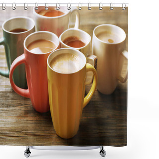 Personality  Many Cups Of Coffee On Wooden Background Shower Curtains