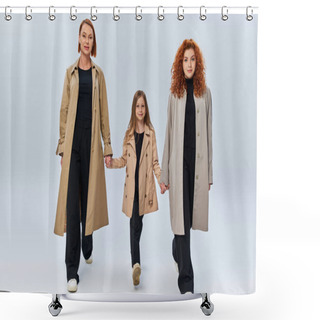 Personality  Three Female Generations, Redhead Women And Girl In Coats Holding Hands And Walking On Grey Backdrop Shower Curtains