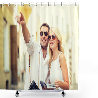 Personality  Couple With Map, Camera And Travellers Guide Shower Curtains