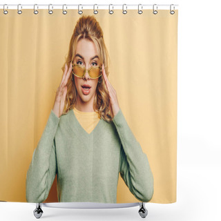 Personality  Attractive, Confident Girl Touching Glasses While Looking At Camera On Yellow Background Shower Curtains