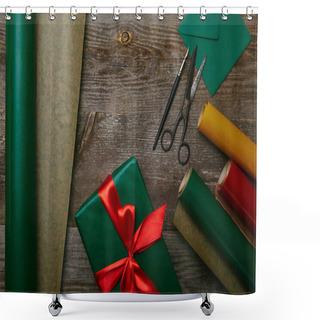 Personality  Flat Lay With Wrapped Christmas Present With Ribbon On Wooden Surface With Wrapping Papers, Envelope And Scissors Shower Curtains