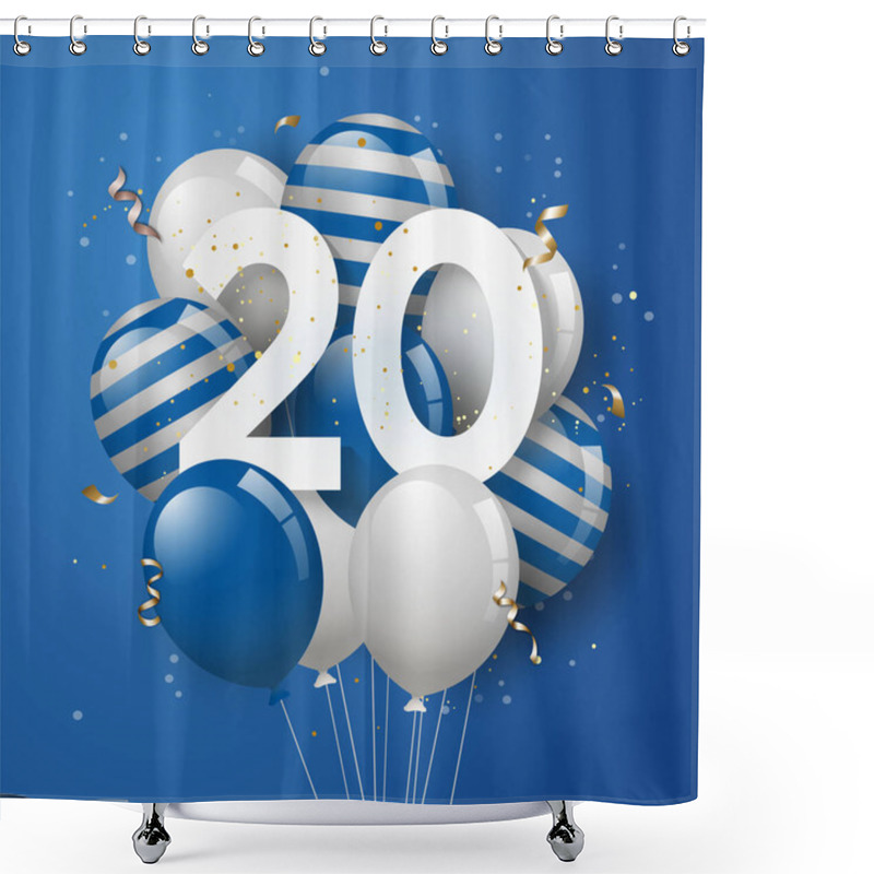 Personality  Happy 20th Birthday With Blue Balloons Greeting Card Background. 20 Years Anniversary. 20th Celebrating With Confetti. Vector Stock Shower Curtains
