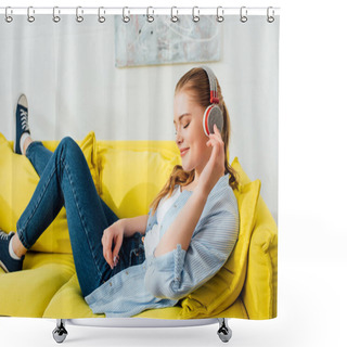 Personality  Side View Of Smiling Girl In Headphones Listening Music On Couch  Shower Curtains
