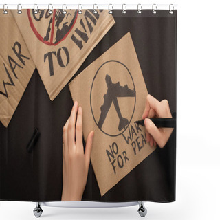 Personality  Cropped View Of Woman Drawing Placard With No War For Peace Lettering And Airplane On Black Background Shower Curtains