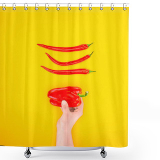 Personality  Cropped Shot Of Human Hand And Fresh Raw Red Peppers Isolated On Yellow Shower Curtains