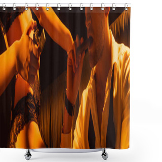 Personality  Panoramic Crop Of Seductive Woman Holding Lighter Near Man With Cigar  Shower Curtains