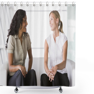 Personality  Businesswomen Talking In Office Lobby Shower Curtains