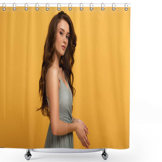 Personality  Attractive Spring Girl With Long Hair In Dress Isolated On Yellow Shower Curtains