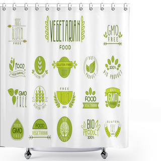 Personality  Vector Set Of Food Labels With Text. Vegetarian Nutrition. Gluten Free. Organic And Healthy Eating. Emblems For Packing Natural Products Shower Curtains