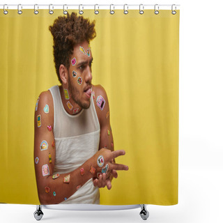 Personality  Funny African American Guy In Tank Top With Stickers On Face Sticking Out Tongue On Green Backdrop Shower Curtains