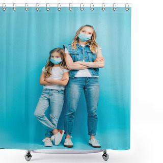 Personality  Full Length View Of Mother And Daughter In Denim Clothes And Medical Masks Standing With Crossed Arms And Looking At Camera On Blue Shower Curtains
