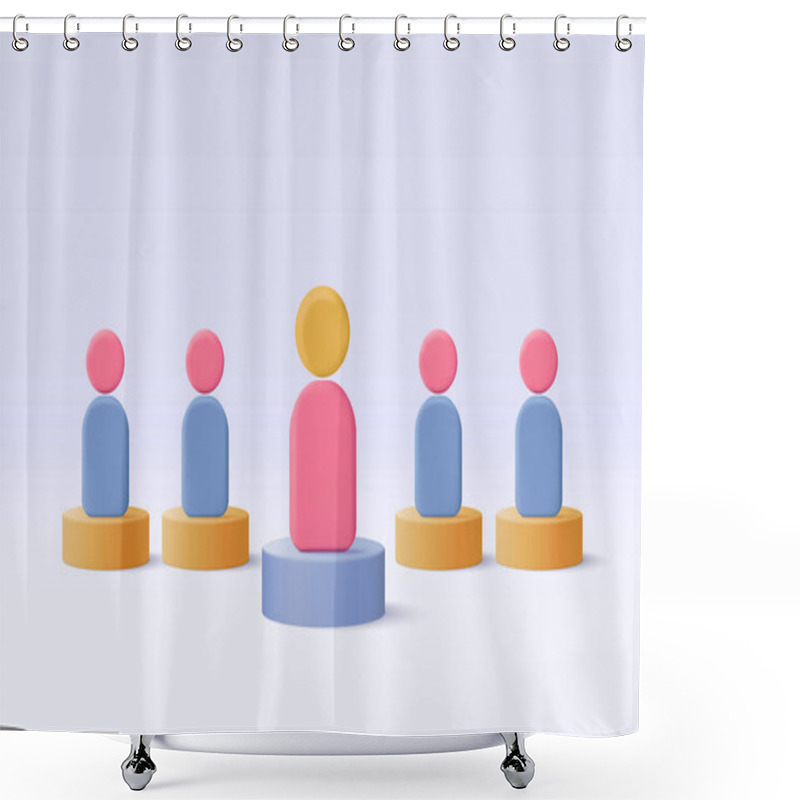 Personality  3D people in team leader symbol of teamwork. Problem-solving, business challenge in leadership connection to people, partnership concept. 3d teamwork idea icon vector render illustration shower curtains