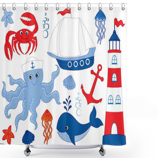 Personality  Vector Set With Marine Animals And Objects Shower Curtains