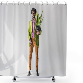 Personality  Fashionable African American Man In Hat With Green Plant In Flowerpot In Hand Posing On Grey Backdrop Shower Curtains