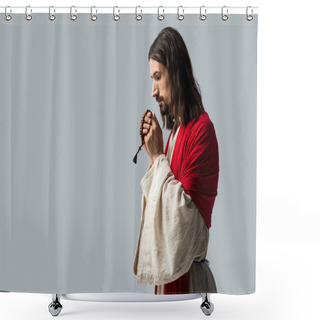 Personality  Religious Man Holding Rosary Beads While Praying Isolated On Grey  Shower Curtains