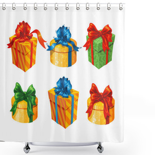 Personality  Set Of Colorful Gift Boxes With Bows And Ribbons. Vector Illustration. Shower Curtains