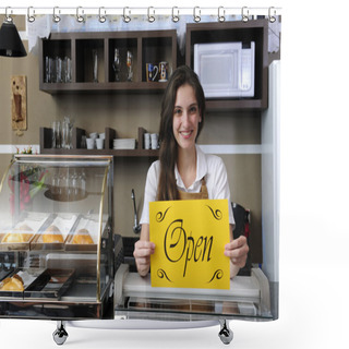 Personality  Happy Owner Of A Cafe Showing Open Sign Shower Curtains