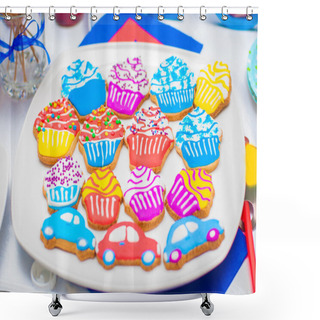 Personality  Cupcakes, Cakes And Holiday Cookies In The Form Of Machines For A Children's Holiday Shower Curtains