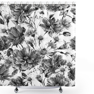 Personality  Monochrome Watercolor Vintage Floral Seamless Pattern With Blooming Poppies Shower Curtains