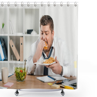 Personality  Overweight Businessman Eating Hamburger While Looking At Salad Shower Curtains