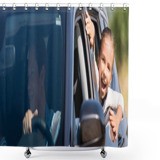 Personality  Horizontal Concept Of Excited Kid Looking Through Car Window Near Father  Shower Curtains
