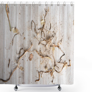Personality  An Artfully Arranged Generic Flat Background Texture Wood Panel Layout With A Mix Of Sand And Organic Matter In Natural Earthy Hues And Tones. Shower Curtains