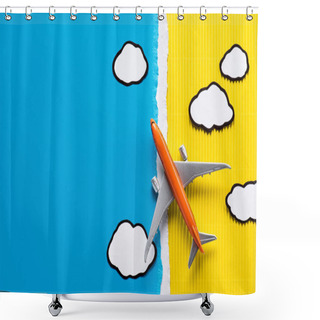 Personality  Top View Of Toy Plane And Paper Clouds On Yellow And Blue Background, Trip Concept Shower Curtains