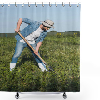 Personality  Full Length View Of Farmer In Brim Hat And Denim Clothes Digging In Field Shower Curtains