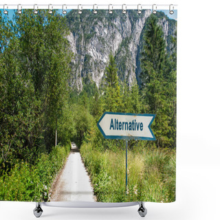Personality  Image Showing A Signpost And Information Sign Pointing In The Direction Of An Alternative In German. Shower Curtains