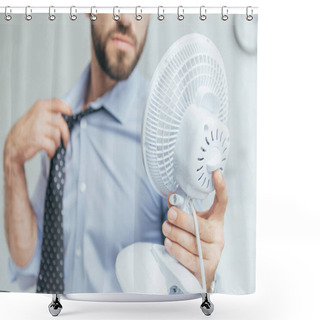 Personality  Cropped View Of Businessman Cooling Himself With Electric Fan   Shower Curtains