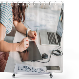 Personality  Cropped View Of Animator Using Digital Tablet Near Sketches  Shower Curtains