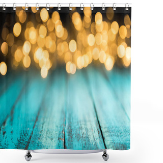 Personality  Festive Bokeh Lights On Blue Wooden Surface, Christmas Background Shower Curtains