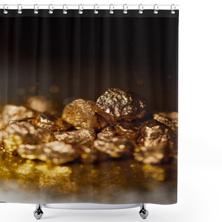 Personality  Selective Focus Of Golden Stones On Dark Sparkling Surface And Black Background Shower Curtains