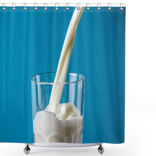 Personality  Splashing Milk In A Glass On A Blue Background Shower Curtains