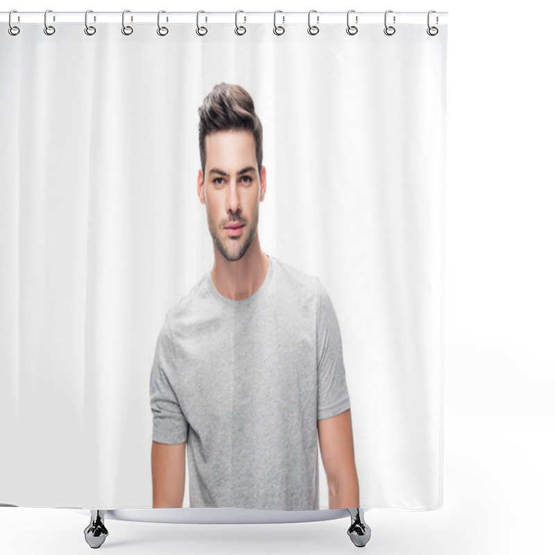 Personality  man in grey t-shirt shower curtains