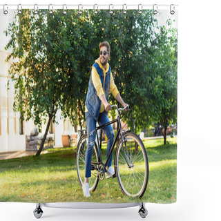 Personality  Young Smiling Man In Sunglasses Riding Retro Bicycle In Park Shower Curtains