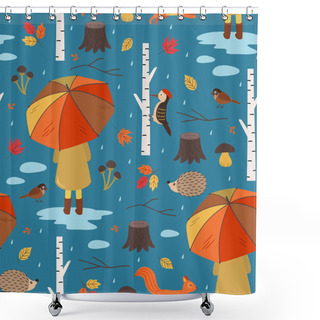 Personality  Seamless Autumn Pattern With A Girl Under An Umbrella- Vector Illustration, Eps     Shower Curtains
