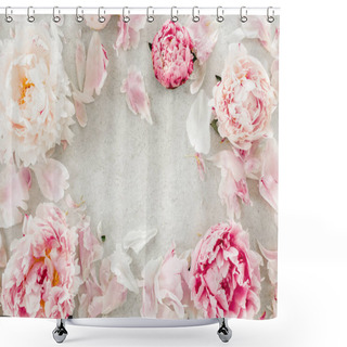 Personality  Frame Made Of Pink Peonies Flower On Gray Background. Flat Lay, Top View. Frame Of Flowers. Shower Curtains