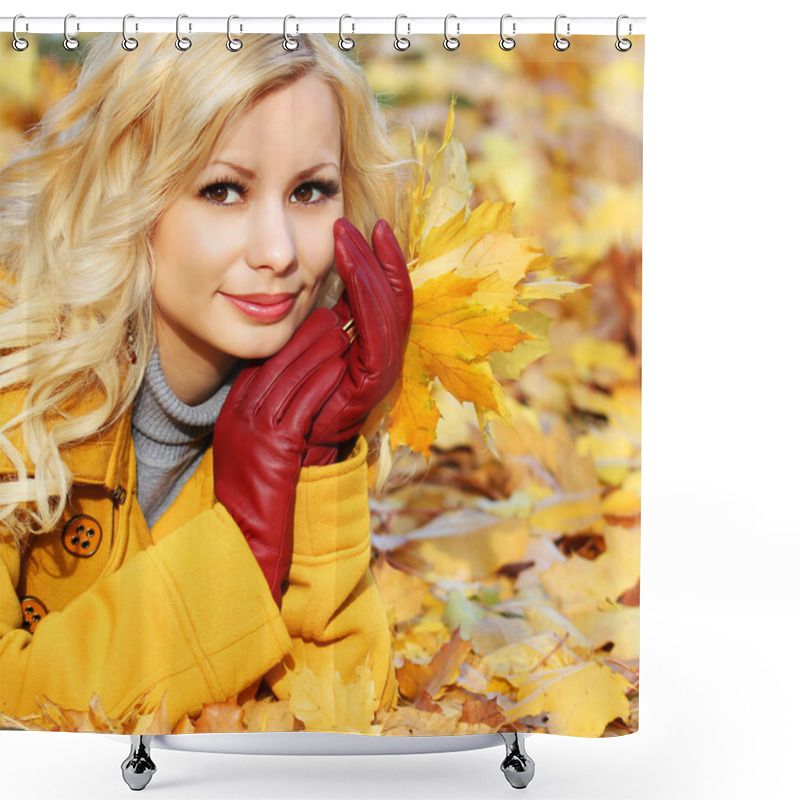 Personality  Autumn Girl. Fashion Blonde Beautiful Woman With Maple Leaves In Shower Curtains