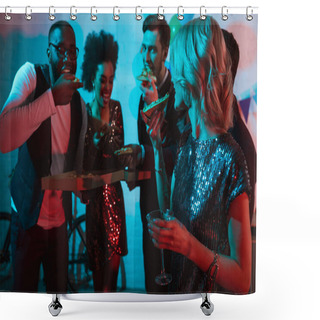 Personality  Partying Diverse People Eating Pizza And Holding Drinks Shower Curtains