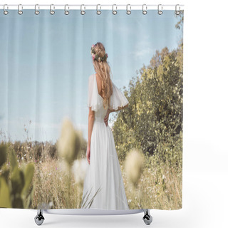 Personality  Back View Of Tender Young Blonde Bride Walking On Beautiful Field  Shower Curtains